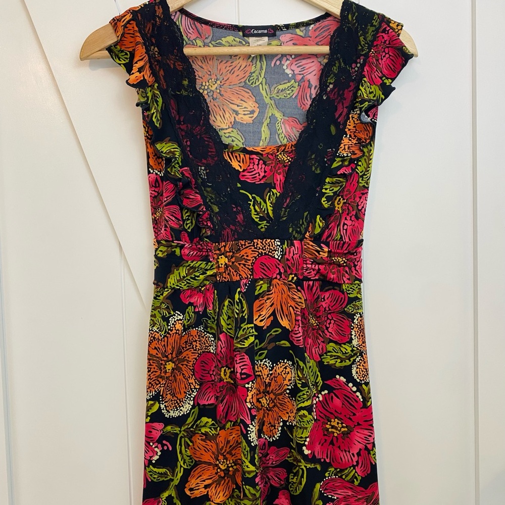 Vintage Cocomo Tropical Sleeveless Babydoll Top Lace Trim Size S Y2K Feminine